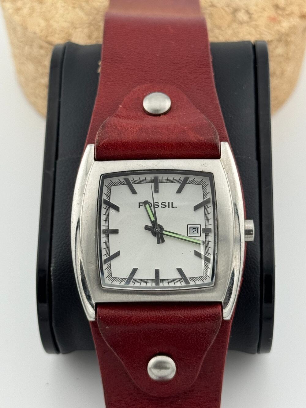 Fossil Men's Quartz Watch Barrel Case White Dial Date Wide Burgundy Leather Cuff